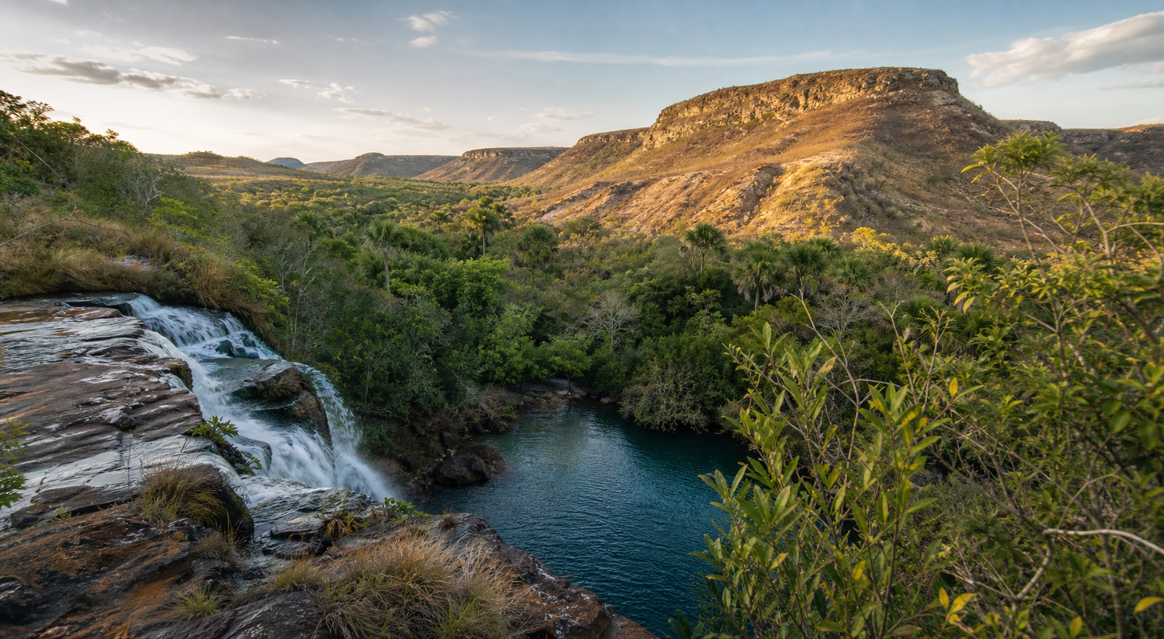 Paisagem do Jalapão com cerrado, água e formações rochosas